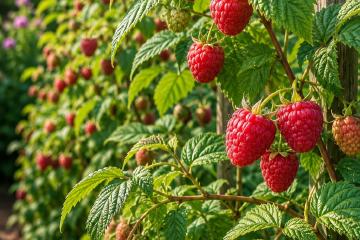 Reife rote Himbeeren an einer Pflanze im Garten