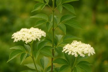 Holunderstrauch mit weißen Blütendolden im Garten