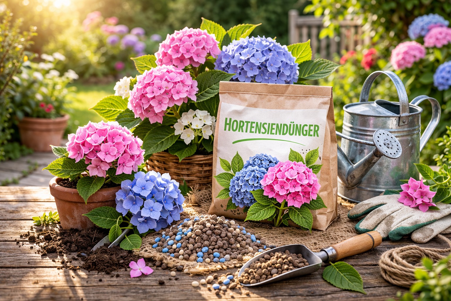 Hortensiendünger und Gießkanne neben blühender Hortensie