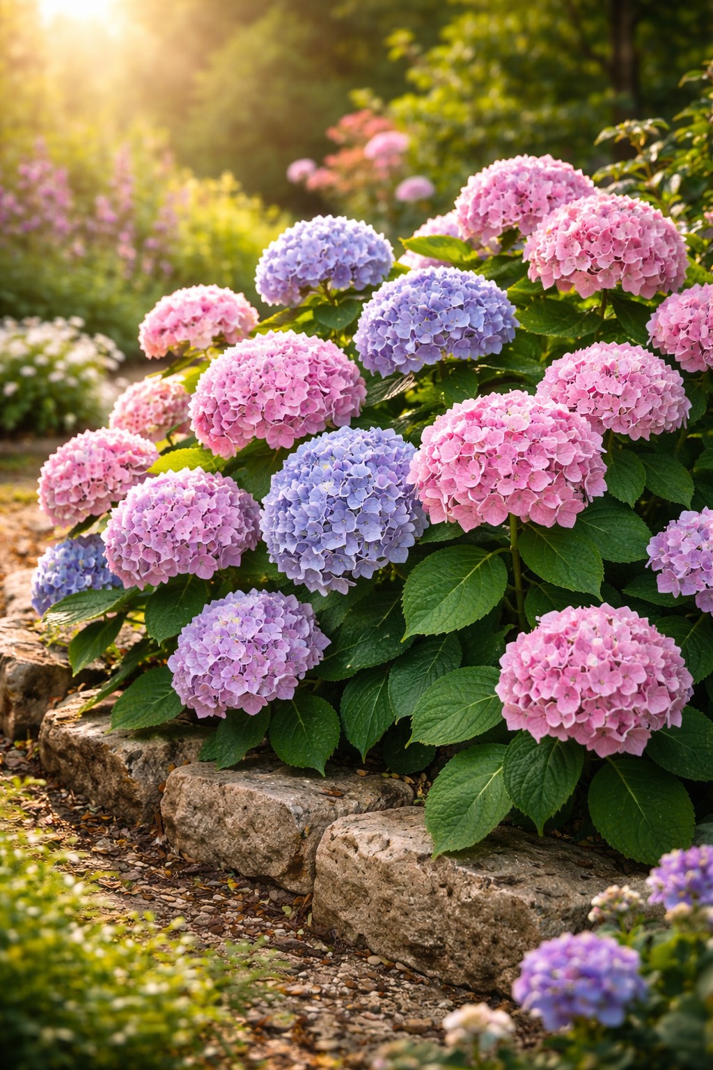 Blühende Hortensien mit großen rosa und blauen Blüten im Garten