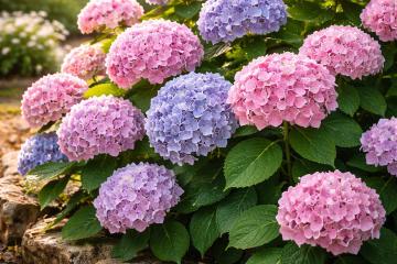 Blühende Hortensien mit großen rosa und blauen Blüten im Garten