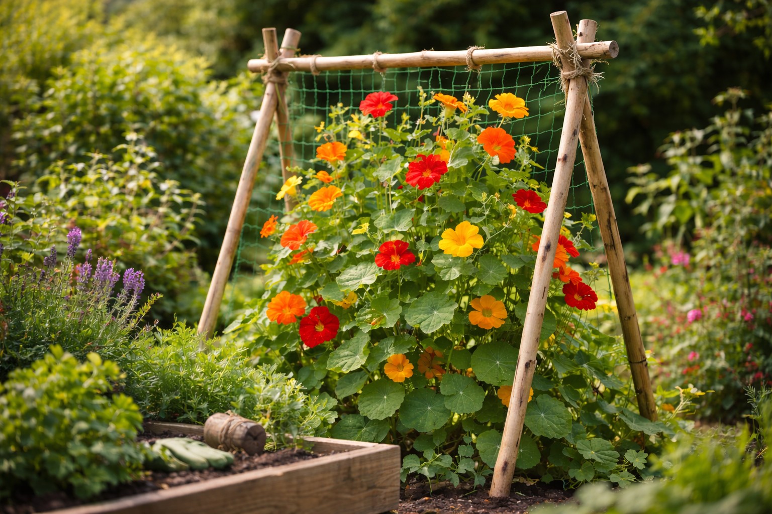 Kletternetz als Rankhilfe für Pflanzen im Garten