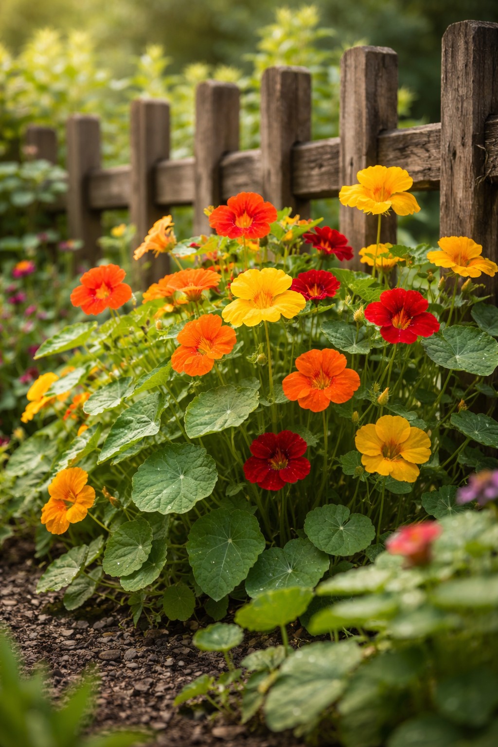 Blühende Kapuzinerkresse mit roten, gelben und orangefarbenen Blüten im Gartenbeet
