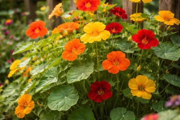 Blühende Kapuzinerkresse mit roten, gelben und orangefarbenen Blüten im Gartenbeet