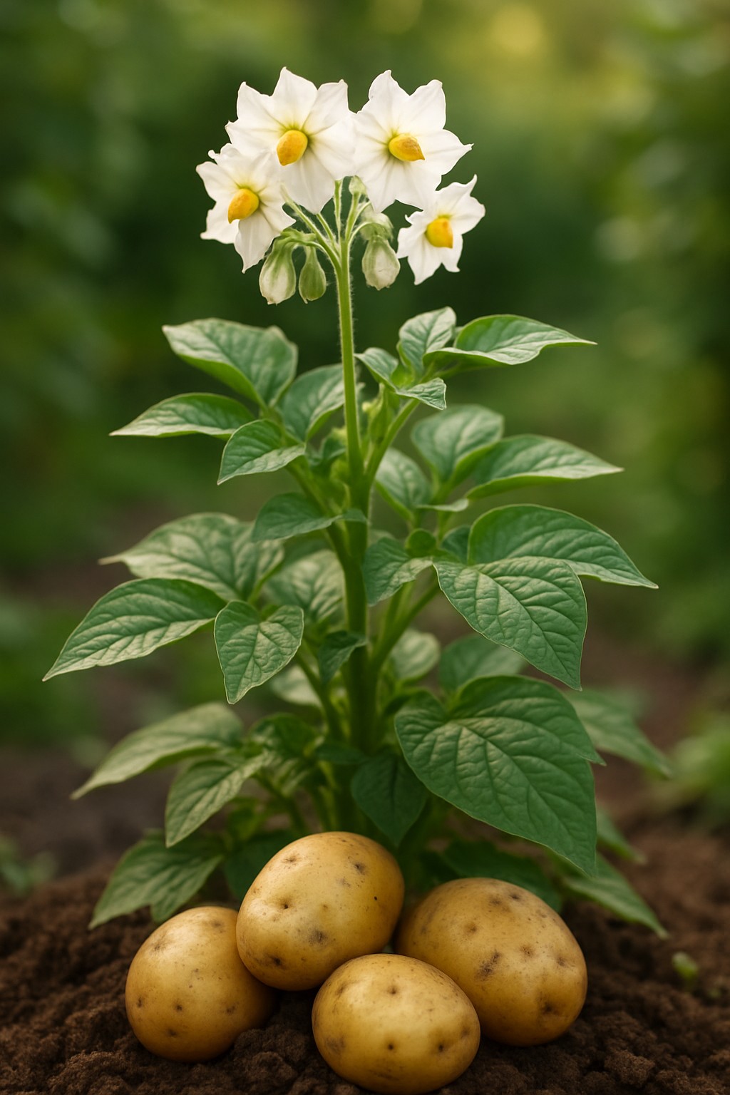 Kartoffelpflanzen mit grünen Blättern und Blüten im Garten