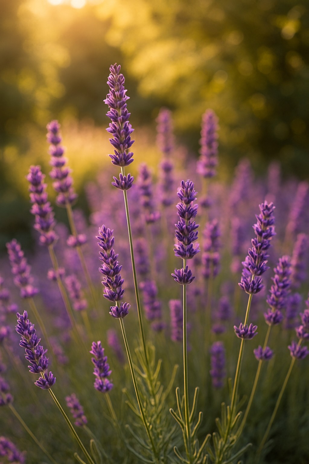 Blühender Lavendel im Garten in warmem Sonnenlicht