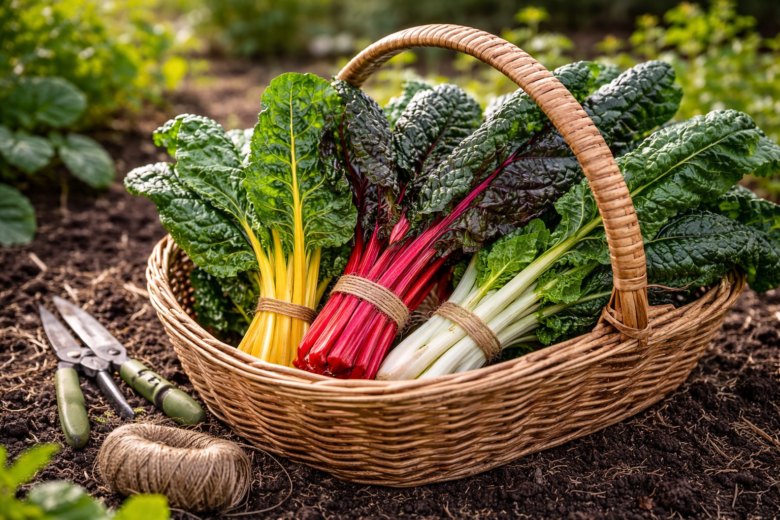 Gefüllter Erntekorb mit frischem Gemüse aus dem Garten