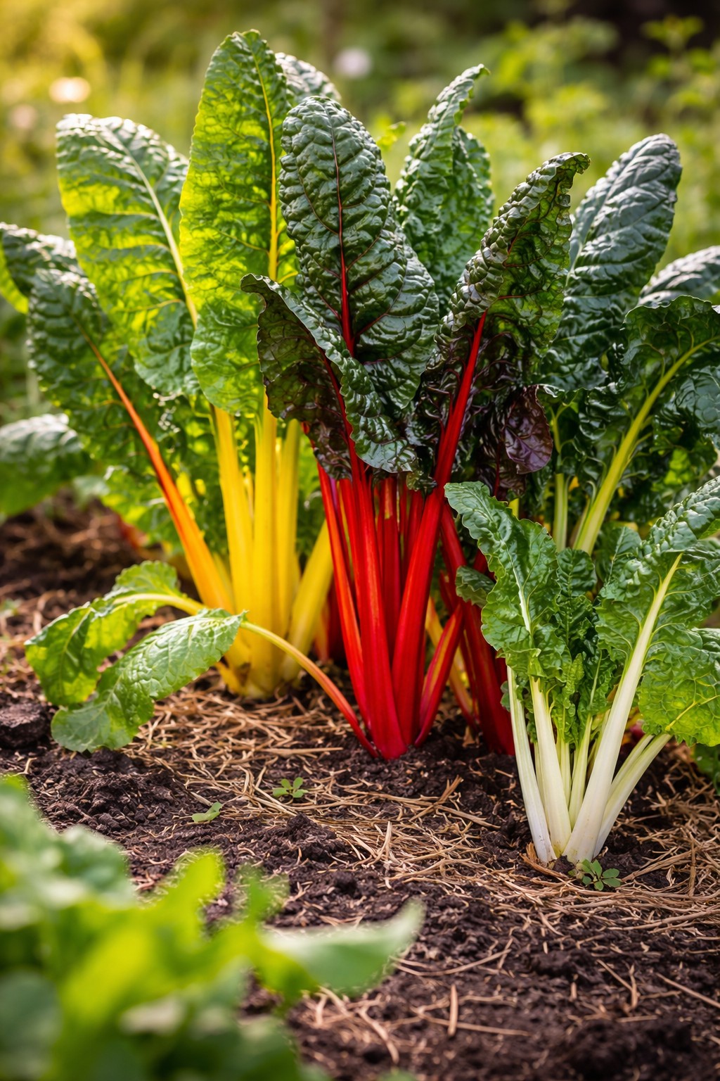 Bunter Mangold mit roten, gelben und weißen Stielen im Gartenbeet