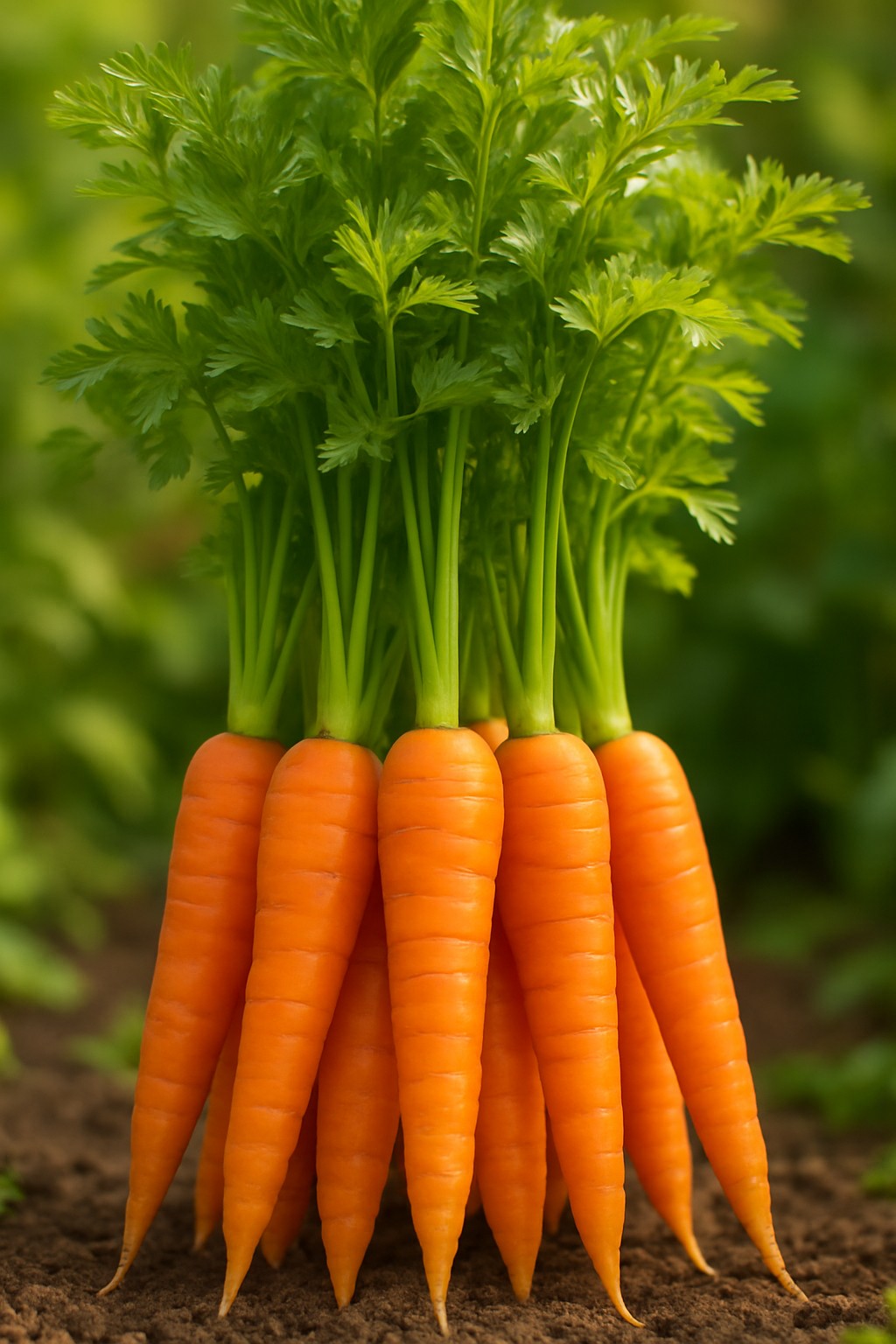 Frisch geerntete Möhren mit grünem Laub im Gartenbeet