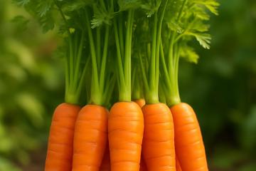 Frisch geerntete Möhren mit grünem Laub im Gartenbeet