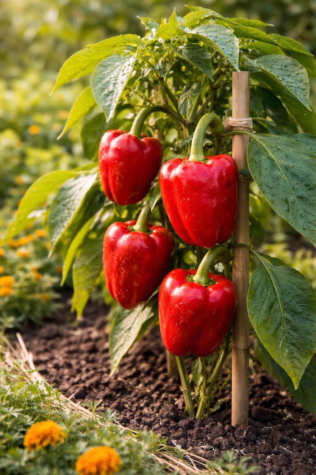 Reife rote und gelbe Paprika an einer Pflanze im Gemüsebeet