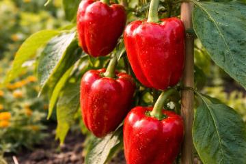 Reife rote und gelbe Paprika an einer Pflanze im Gemüsebeet