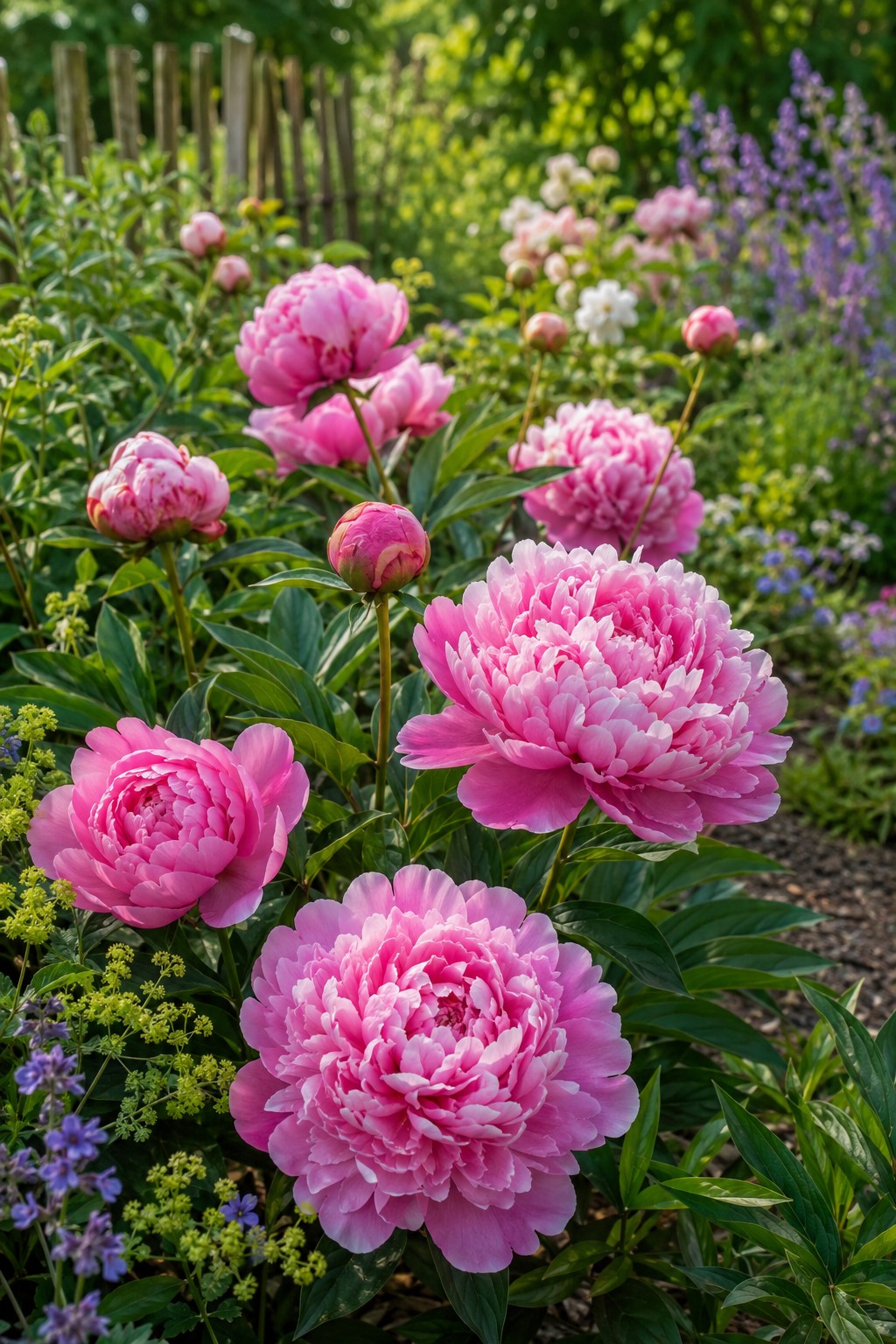 Rosafarbene Pfingstrosen mit großen Blüten im Gartenbeet