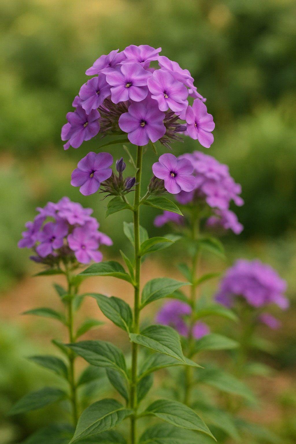 Phlox-Stauden mit rosa und violetten Blüten im Gartenbeet