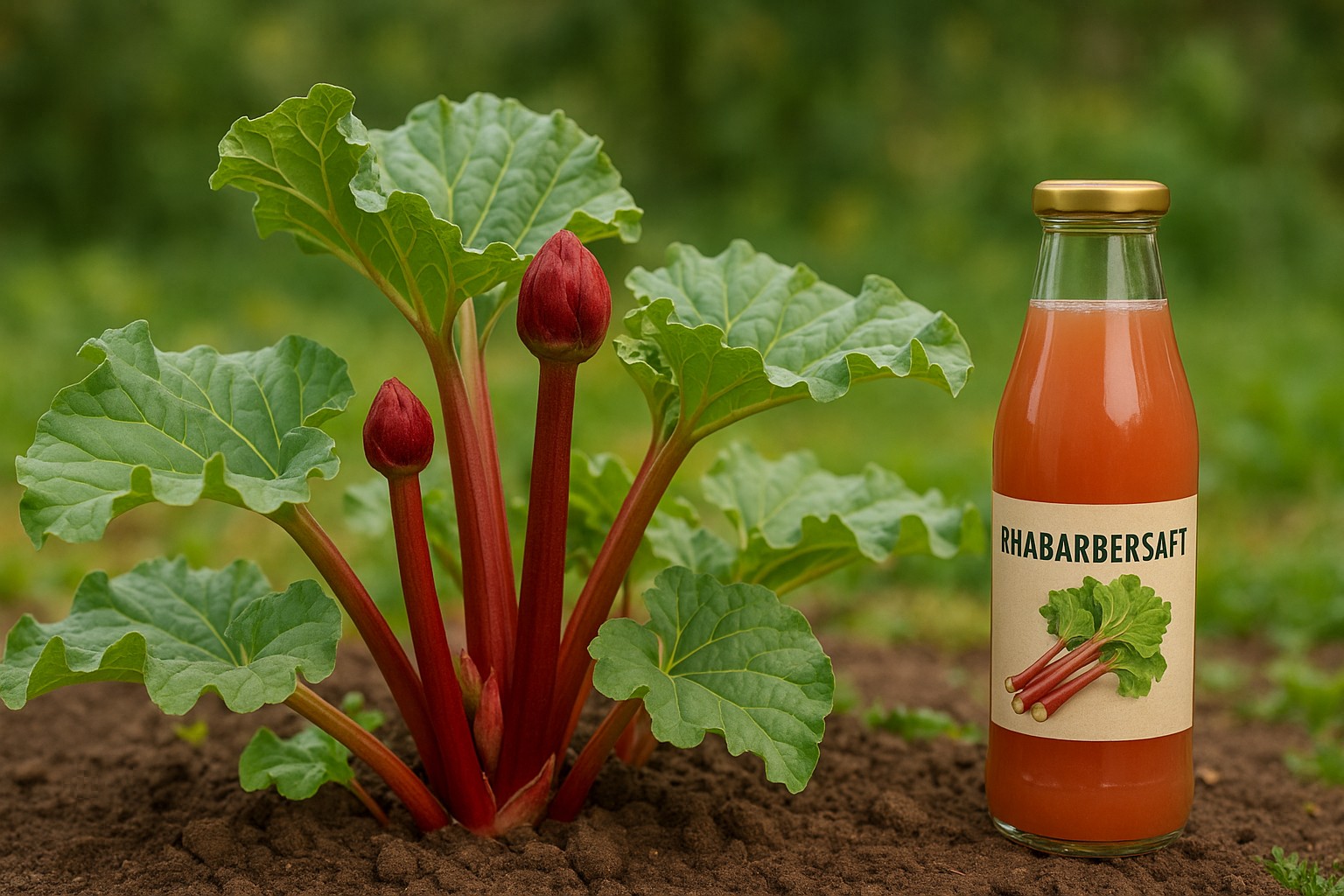 Flasche mit frischem Rhabarbersaft auf Holztisch