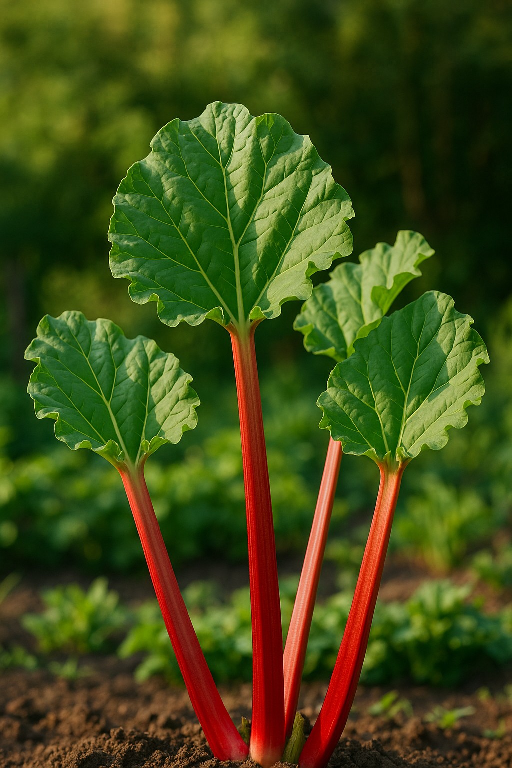 Rhabarberpflanze mit roten Stielen im Gartenbeet