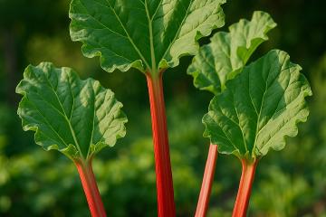 Rhabarberpflanze mit roten Stielen im Gartenbeet