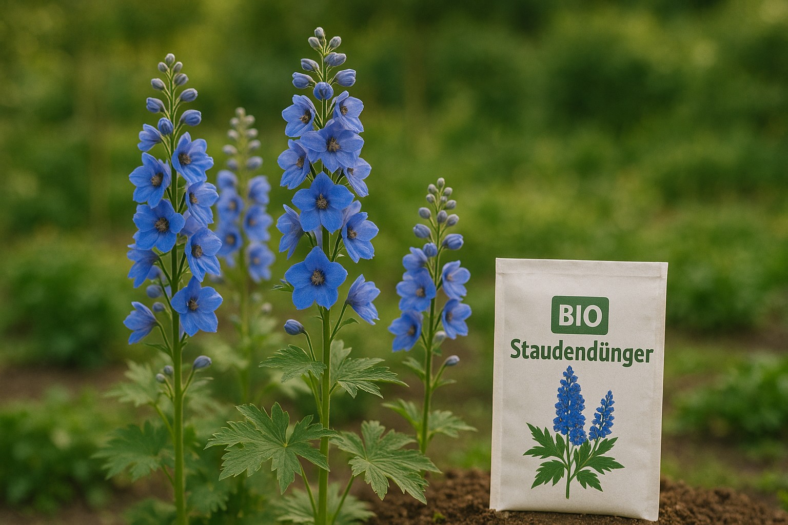 Bio-Staudendünger in Körnerform neben Gartenpflanzen