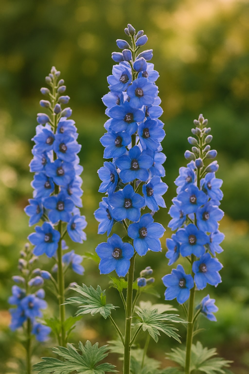 Blühender Rittersporn mit blauen Blüten im Gartenbeet