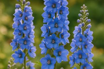 Blühender Rittersporn mit blauen Blüten im Gartenbeet