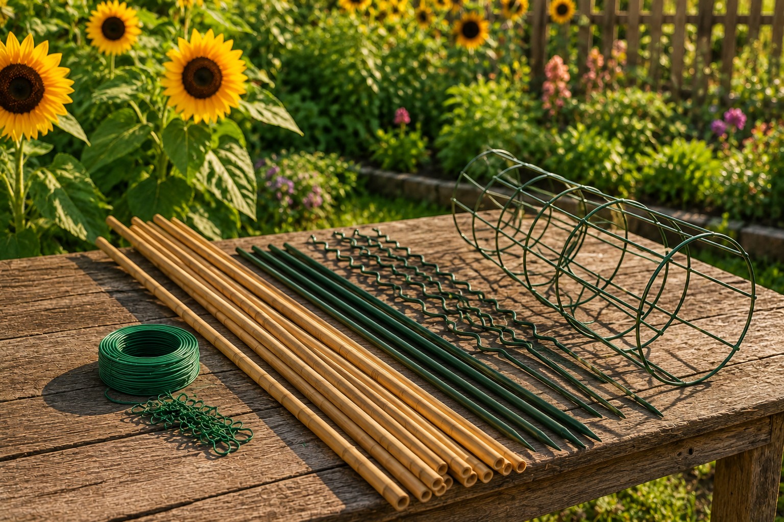 Pflanzenstützen für hohe Sonnenblumen im Garten