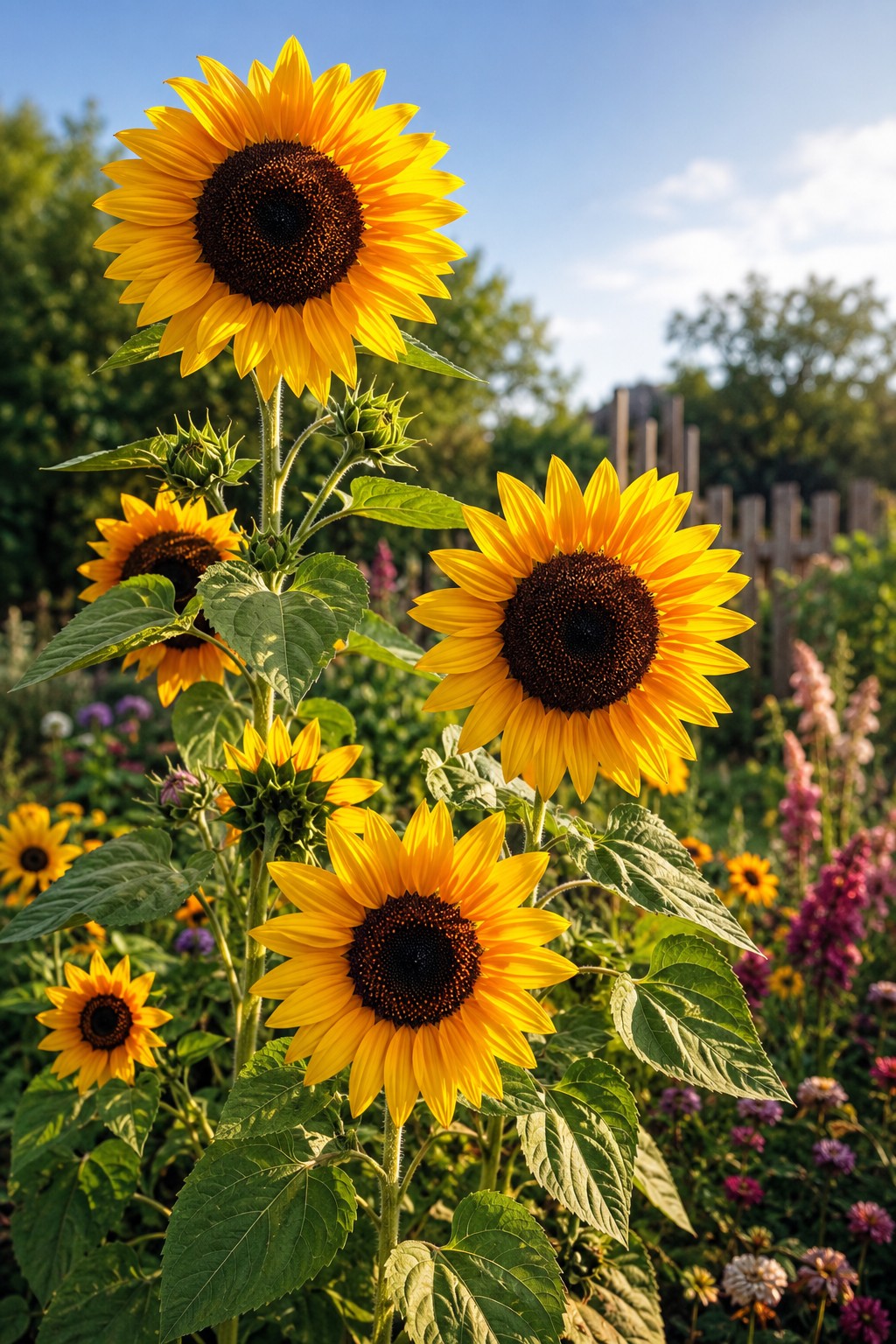 Blühende Sonnenblumen mit großen gelben Blüten im sommerlichen Garten