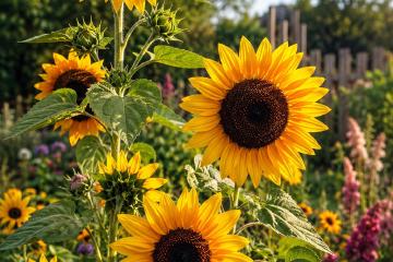 Blühende Sonnenblumen mit großen gelben Blüten im sommerlichen Garten