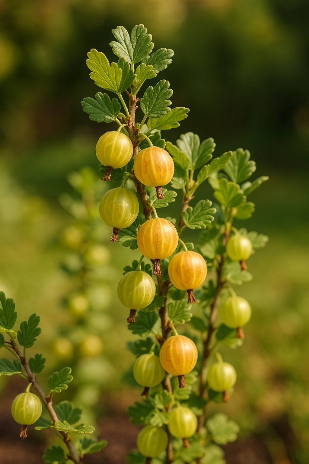 Reife Stachelbeeren am Strauch im Garten
