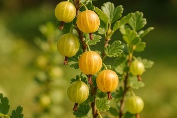 Reife Stachelbeeren am Strauch im Garten
