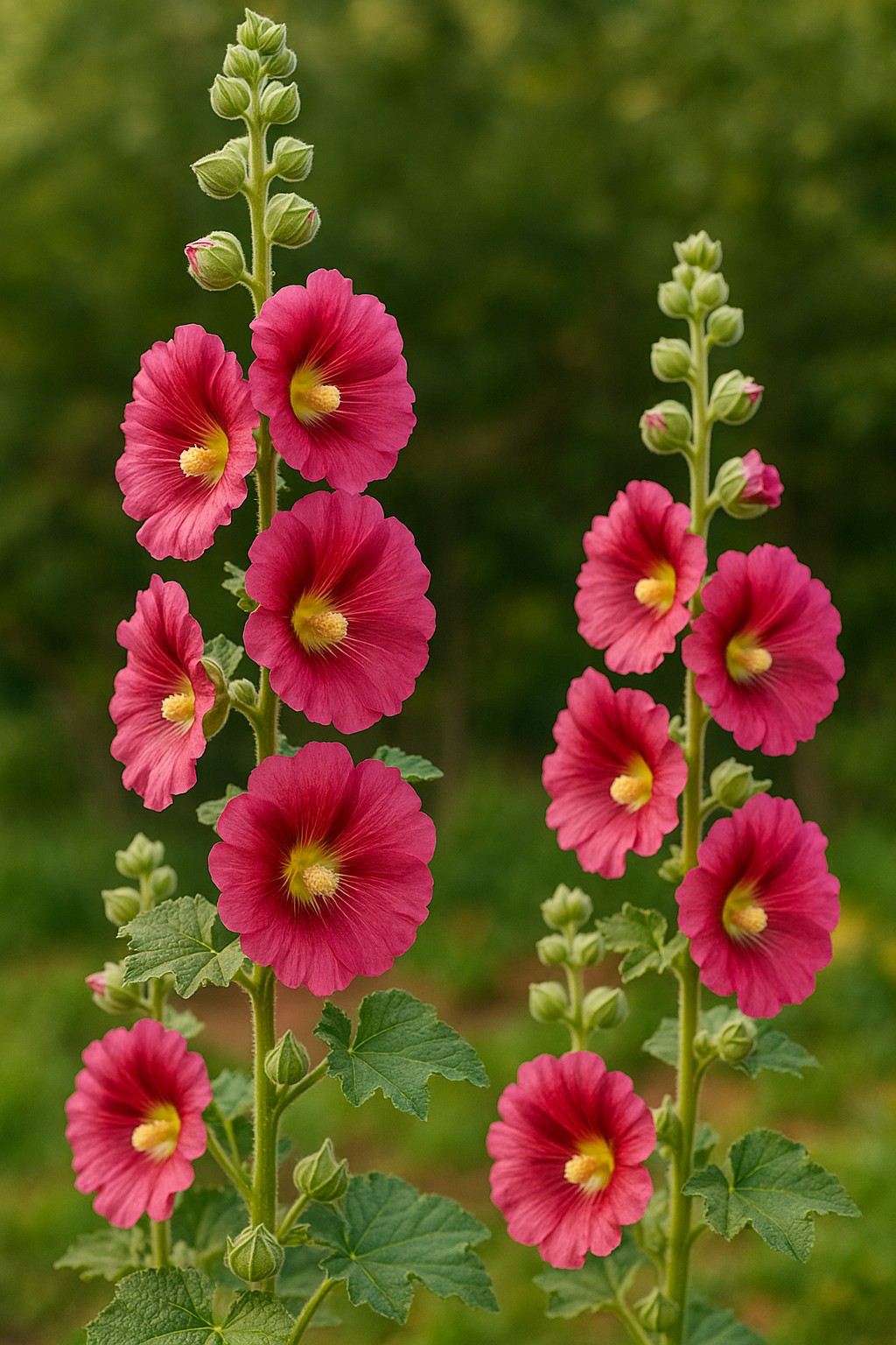 Blühende Stockrosen an einem Gartenzaun