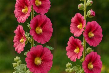 Blühende Stockrosen an einem Gartenzaun