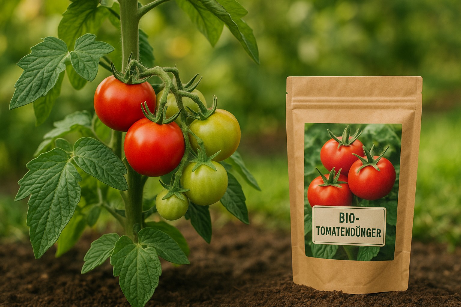 Packung Bio-Tomatendünger neben Tomatenpflanzen