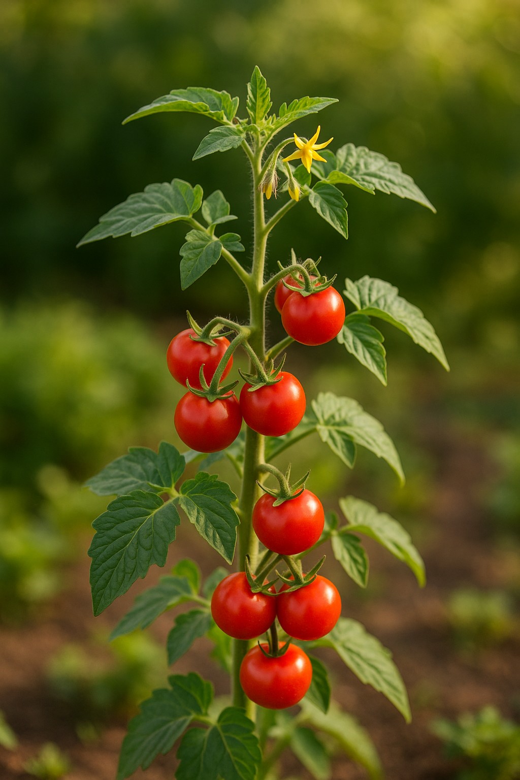 Rote Tomatenpflanze mit Früchten im Garten