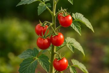 Rote Tomatenpflanze mit Früchten im Garten