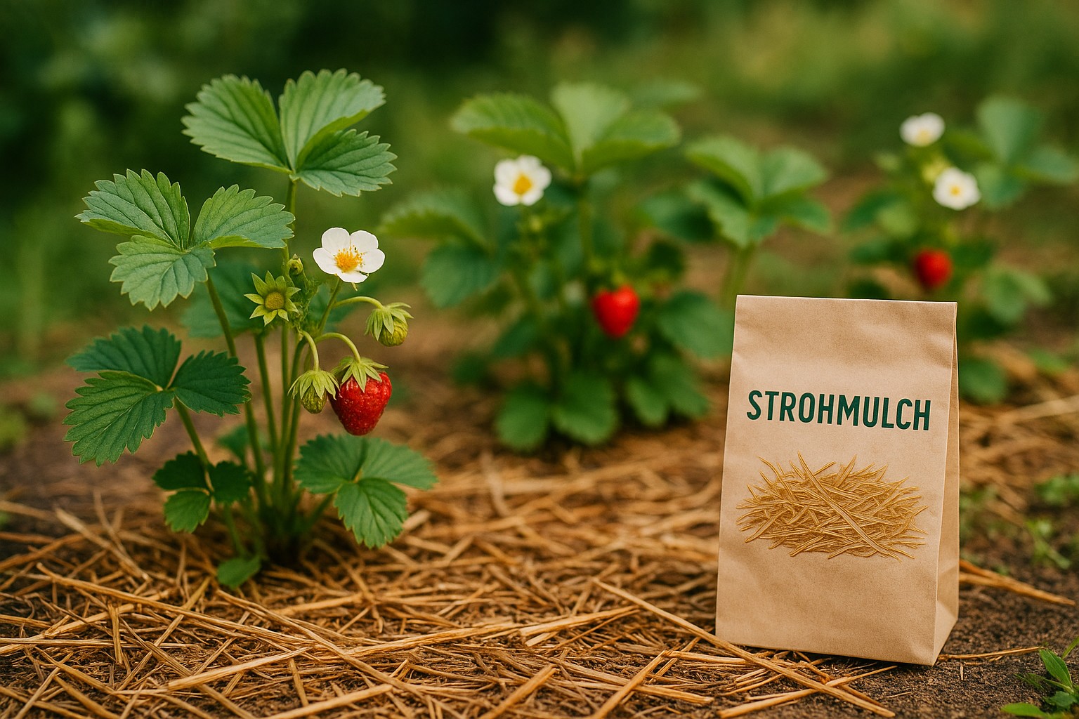 Strohmulch zwischen Erdbeerpflanzen im Garten