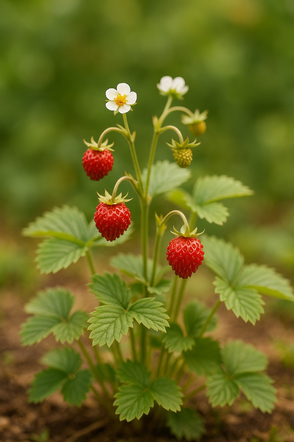 Reife Walderdbeeren an einem niedrigen Pflanzenteppich