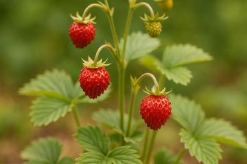 Reife Walderdbeeren an einem niedrigen Pflanzenteppich