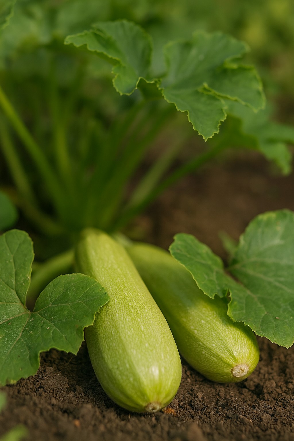 Grüne Zucchini mit gelber Blüte im Gartenbeet