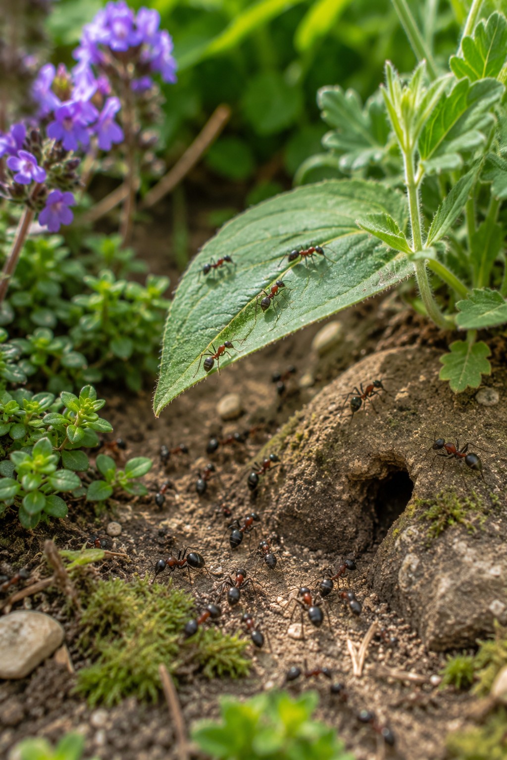 Mehrere Ameisen auf einem Blatt im Garten
