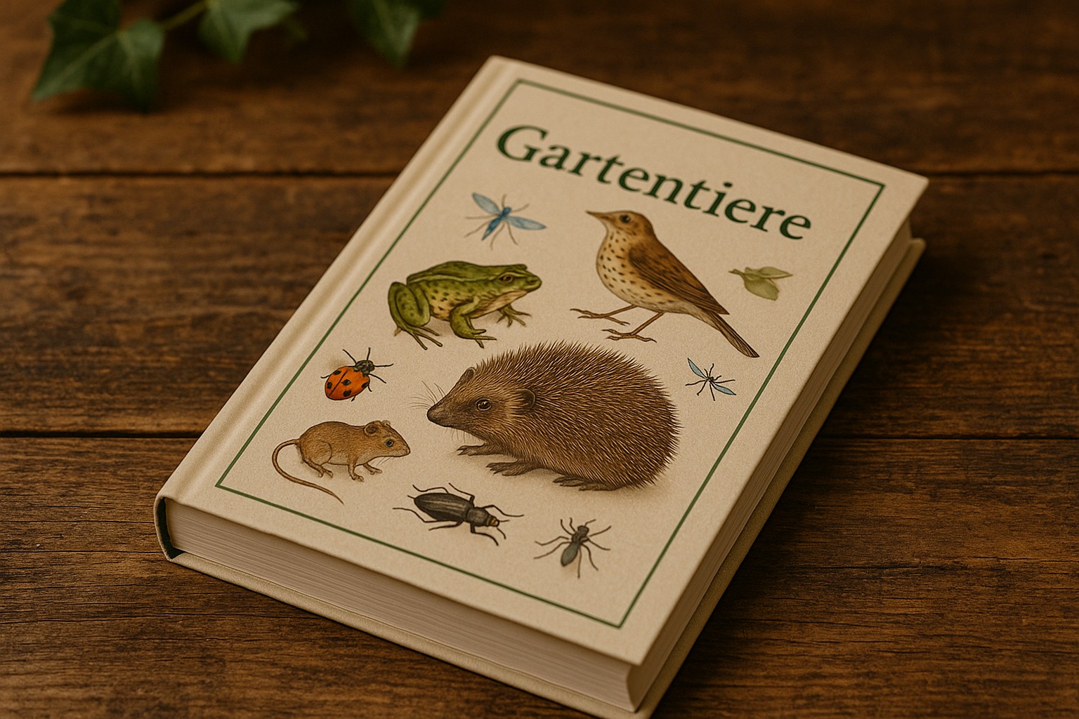 Sachbuch über Gartentiere auf Holztisch