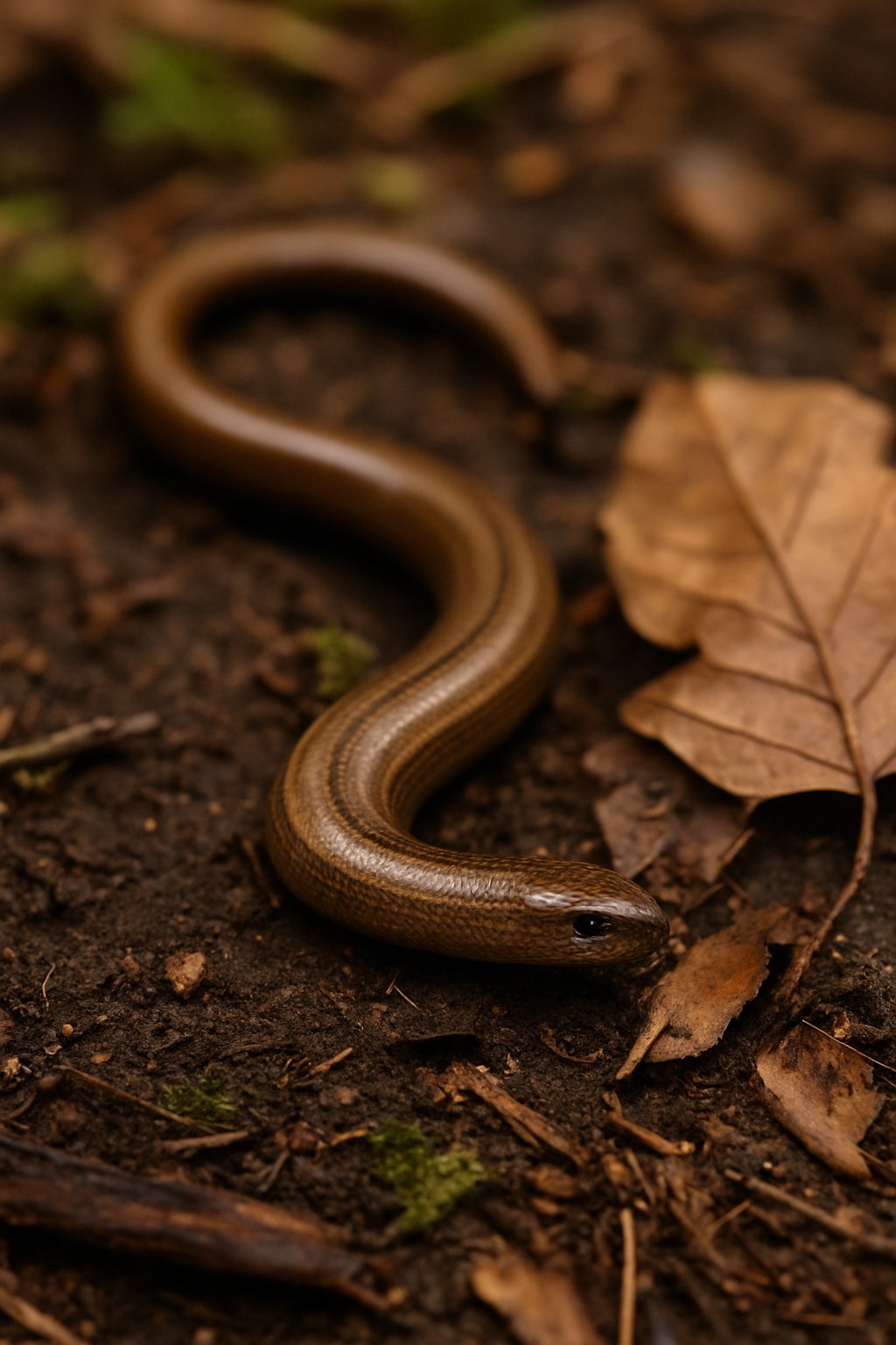 Blindschleiche auf feuchtem Waldboden im Garten