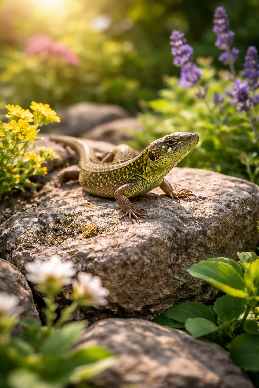 Zauneidechse sonnt sich auf einem warmen Stein im naturnahen Garten