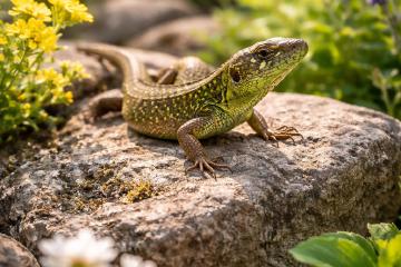 Zauneidechse sonnt sich auf einem warmen Stein im naturnahen Garten