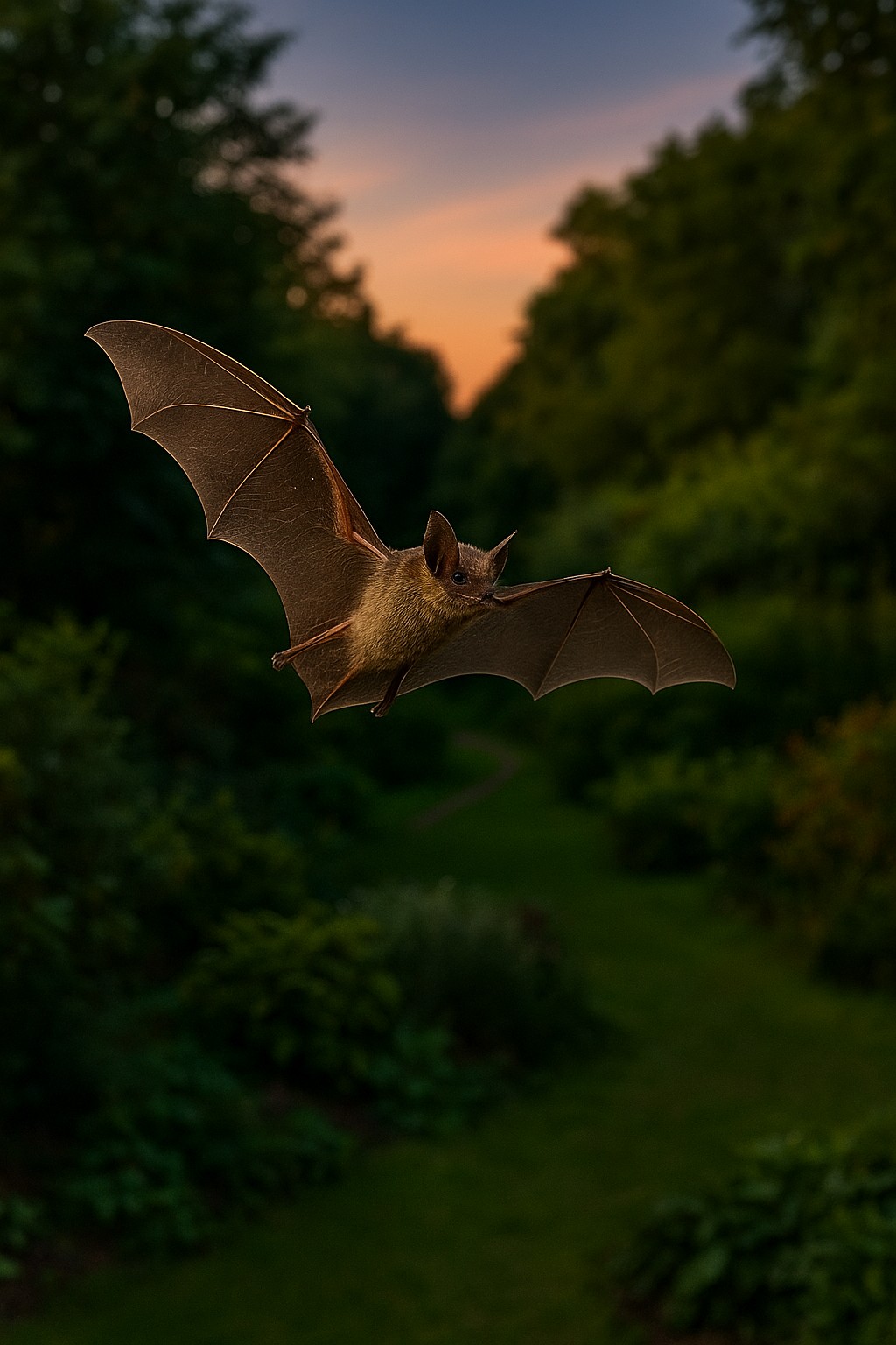 Fledermaus im Flug über einem naturnahen Garten