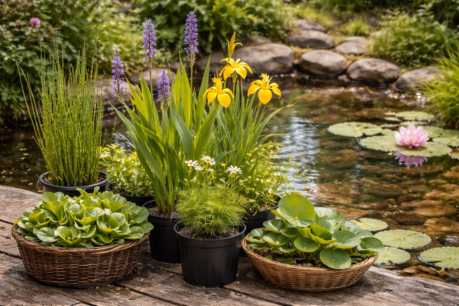 Verschiedene Wasserpflanzen für einen naturnahen Gartenteich