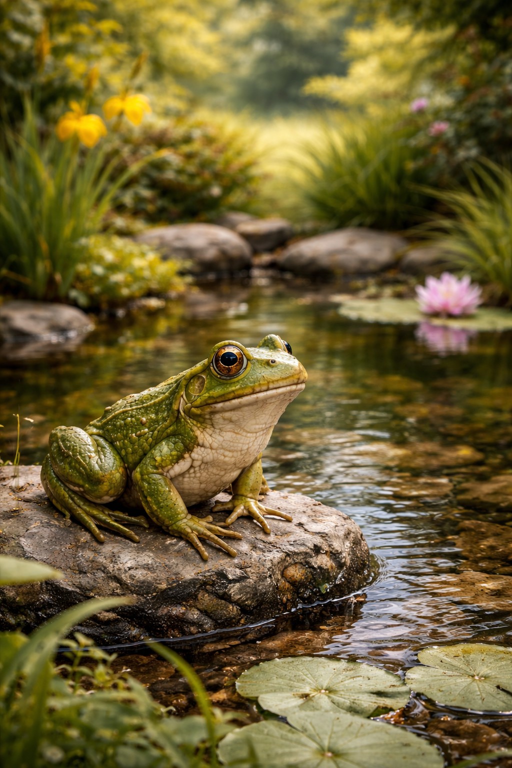 Frosch am Rand eines naturnahen Gartenteichs zwischen Pflanzen