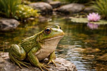 Frosch am Rand eines naturnahen Gartenteichs zwischen Pflanzen