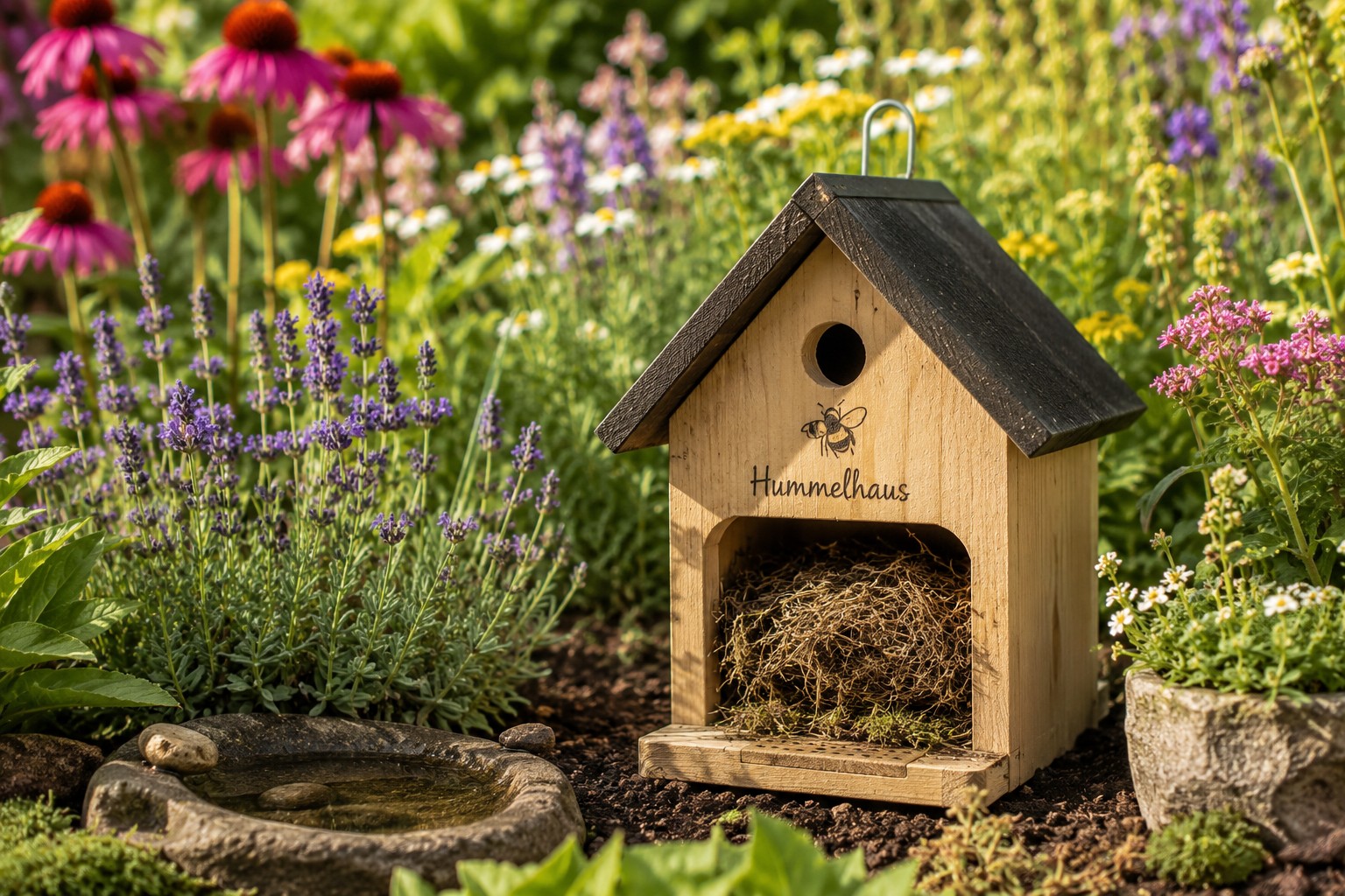 Hummelhaus aus Holz zwischen Blumen im Garten