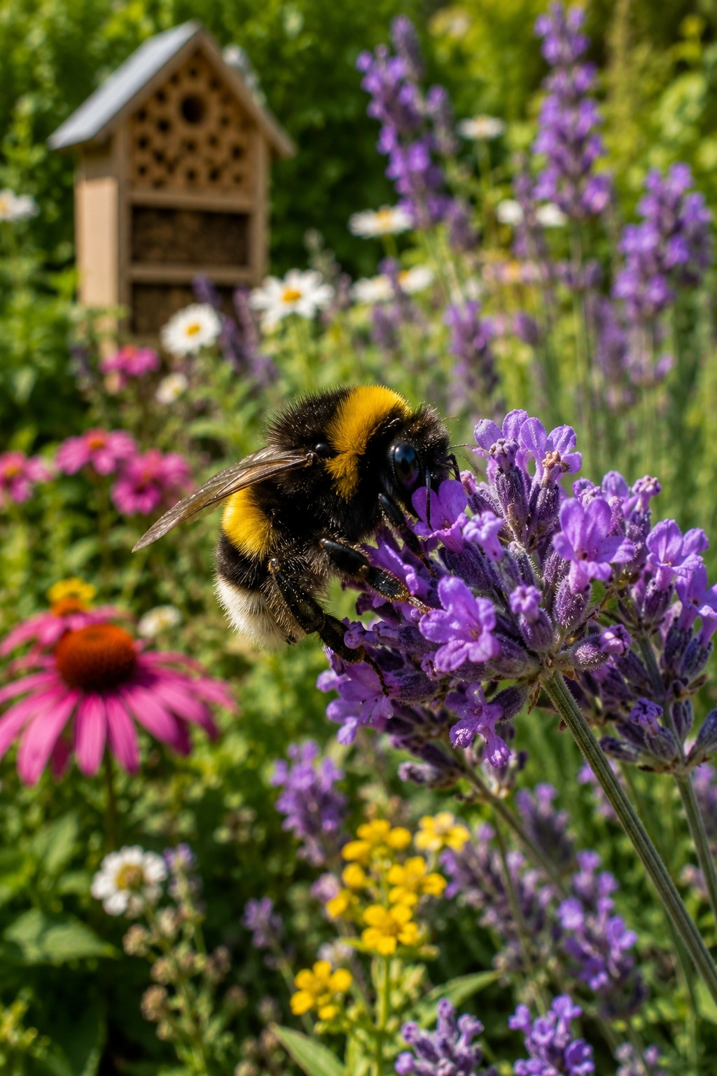 Hummel auf violetter Blüte im naturnahen Garten