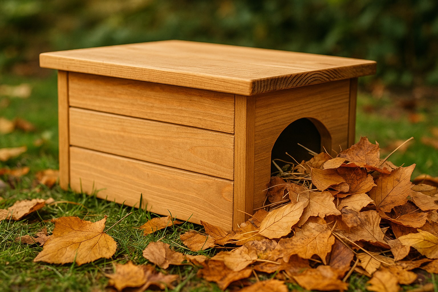 Holzigelhaus mit Laub gefüllt im Garten